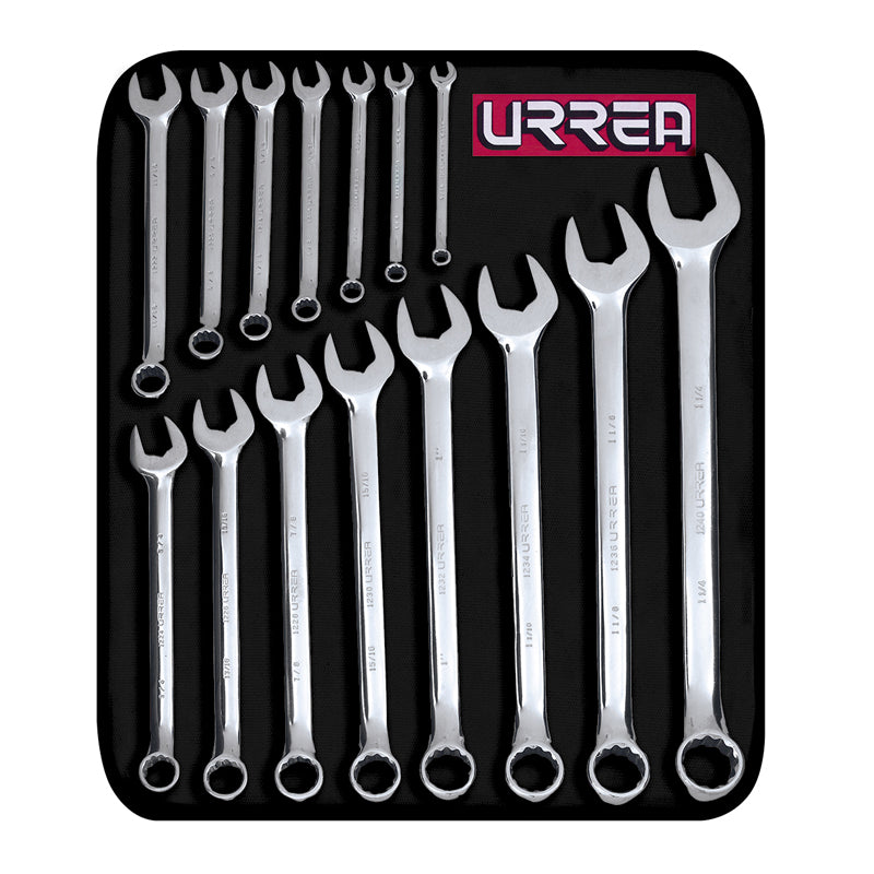 Juego de 15 llaves combinadas pulido espejo 12 puntas, pulgadas, 1200F Urrea