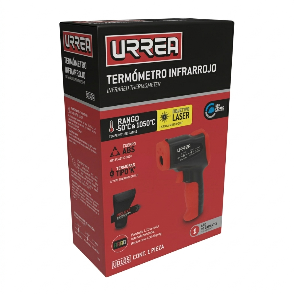 Termómetro infrarrojo con pantalla LCD -50°C a 1050°C, UD105, Urrea