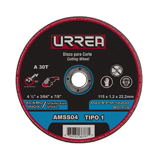 Disco abrasivo tipo 1 para acero inoxidable de 4 1/2" x 3/64", AMSS04 Urrea