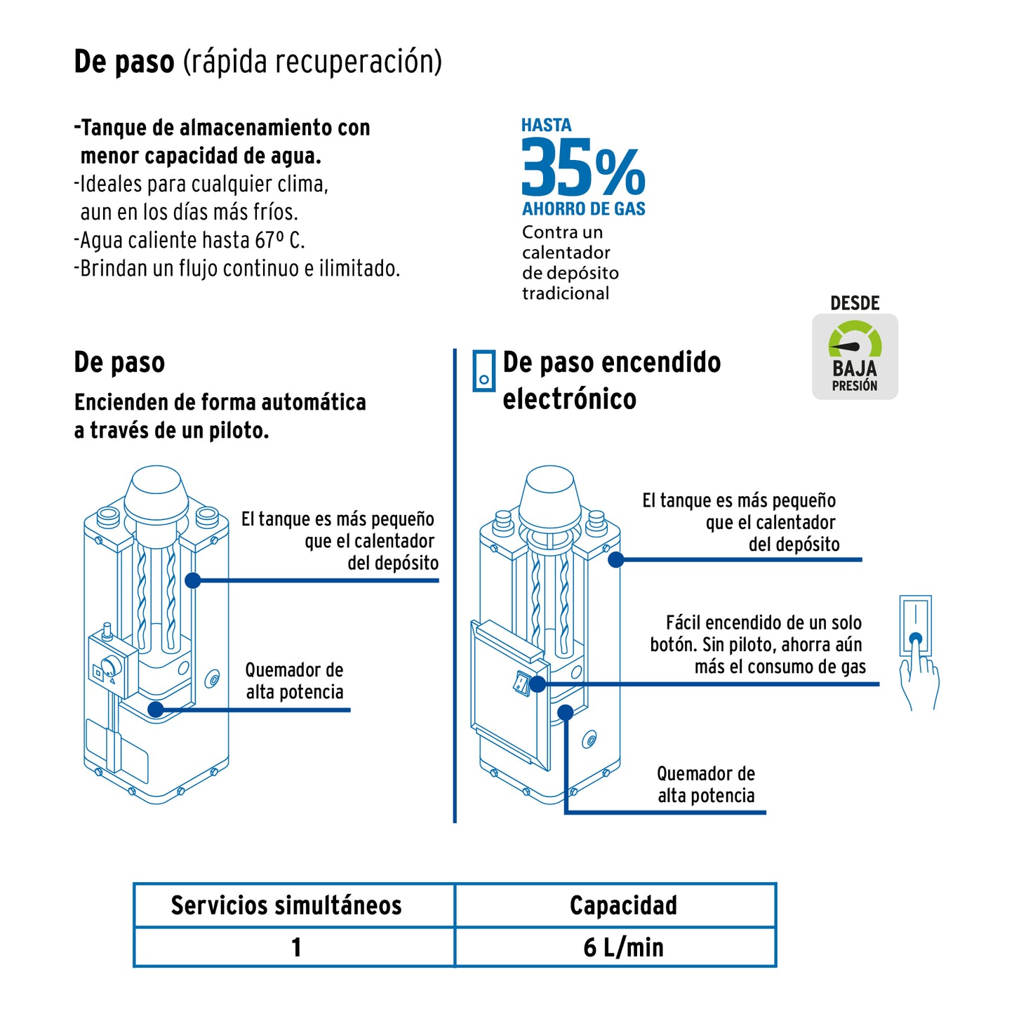 Calentador de paso de 6 litros de 1 servicio, gas L.P., FOSET, 47921