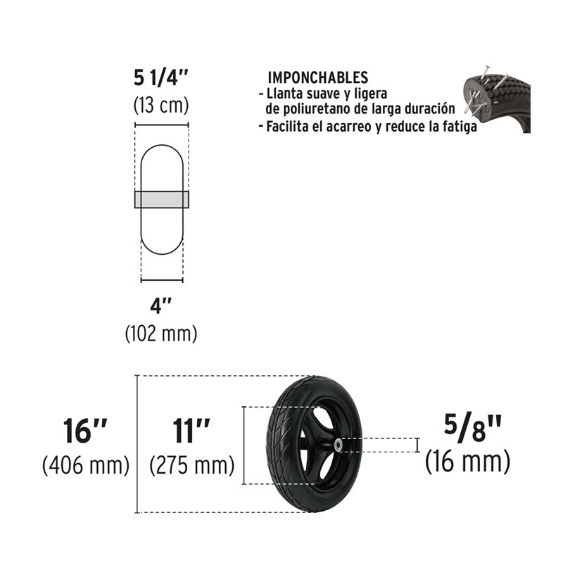Llanta para carretilla imponchable de 16", incluye eje y baleros, 19658 Truper RNX