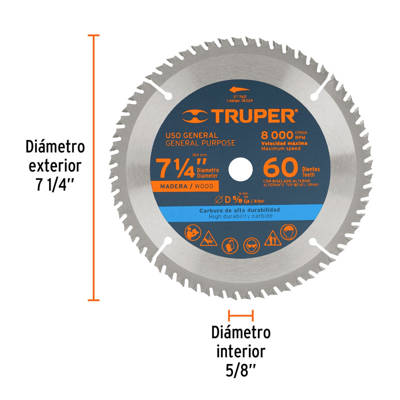 Disco sierra de 7 1/4" para madera, 60 dientes centro 5/8", 18324 Truper ST-760