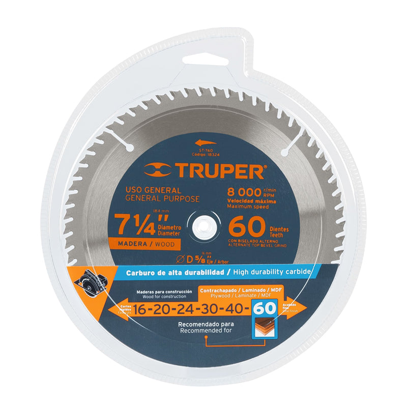 Disco sierra de 7 1/4" para madera, 60 dientes centro 5/8", 18324 Truper ST-760
