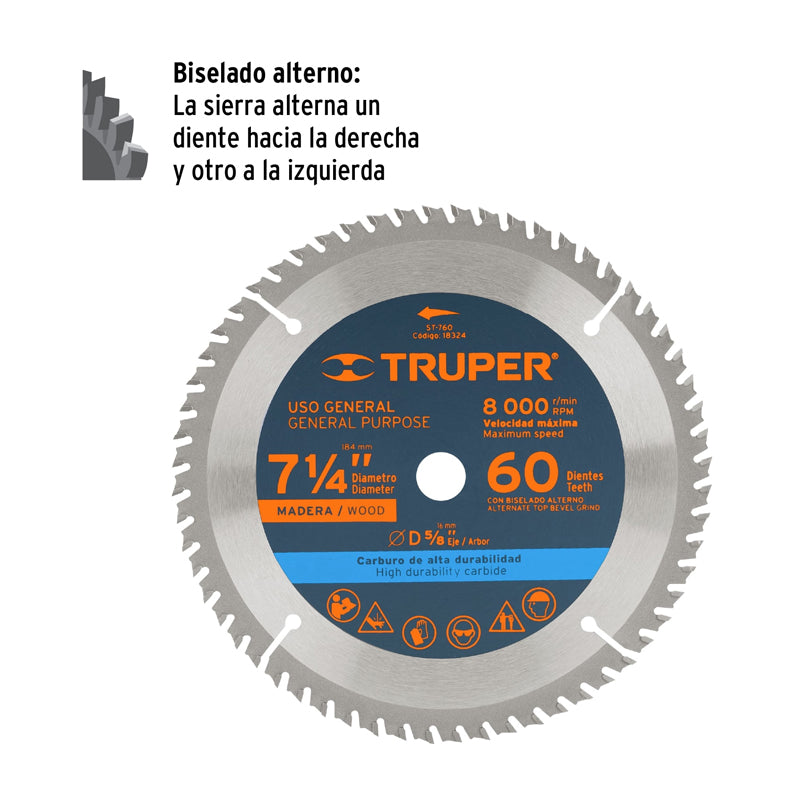 Disco sierra de 7 1/4" para madera, 60 dientes centro 5/8", 18324 Truper ST-760