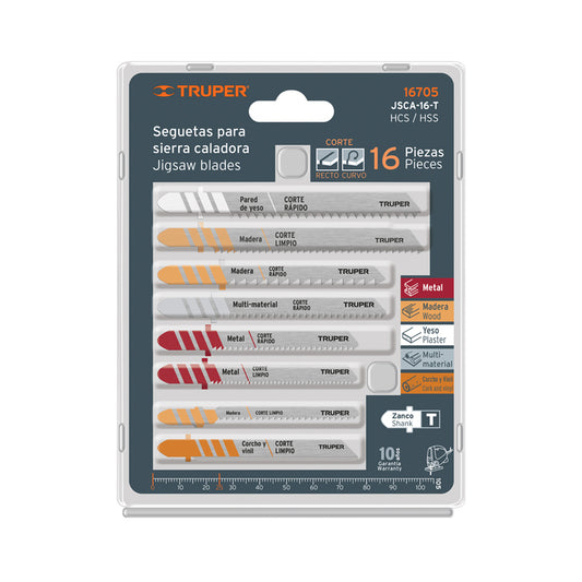 Juego de 16 seguetas para caladora zanco "T" corte recto, 16705 Truper JSCA-16-T