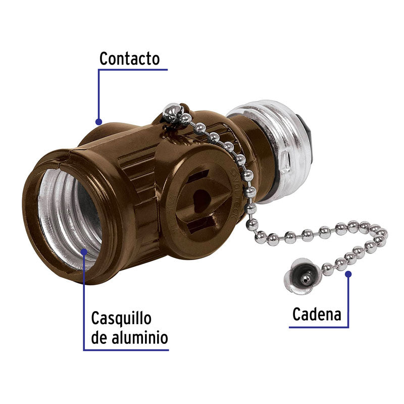 Portalámpara de baquelita con cadena y doble contacto, color café, 46512 Volteck POBA 16