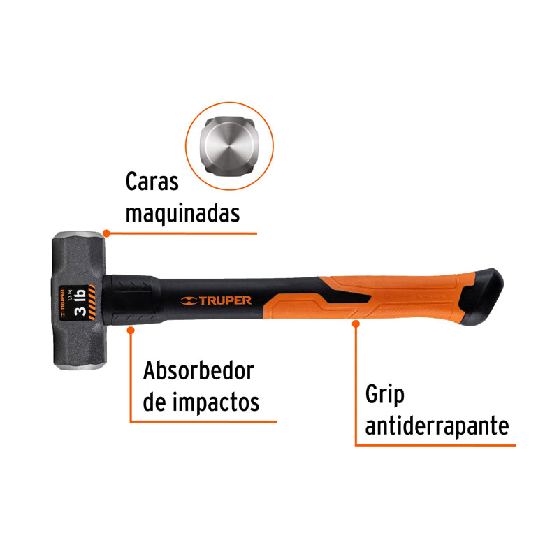 Marro octagonal de 3 lb, mango de fibra de vidrio de 14", 19883 Truper MD-3F
