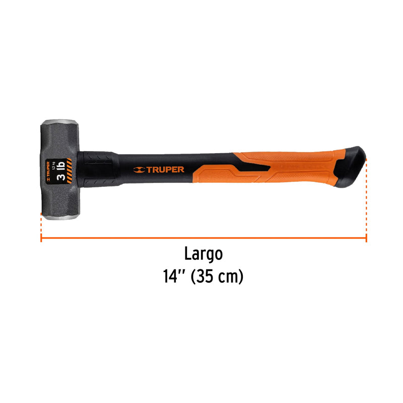 Marro octagonal de 3 lb, mango de fibra de vidrio de 14", 19883 Truper MD-3F