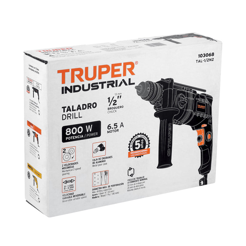 Taladro/destornillador de 1/2", 800 W, 2 velocidades, 103068 / TAL-1/2N2 Truper