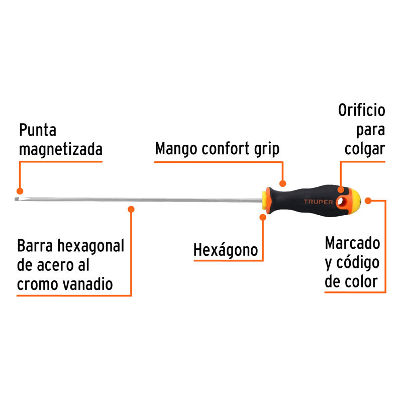 Desarmador cabinet de 1/8" x 8" mango Comfort Grip, 14027 Truper DG 1/8X8B