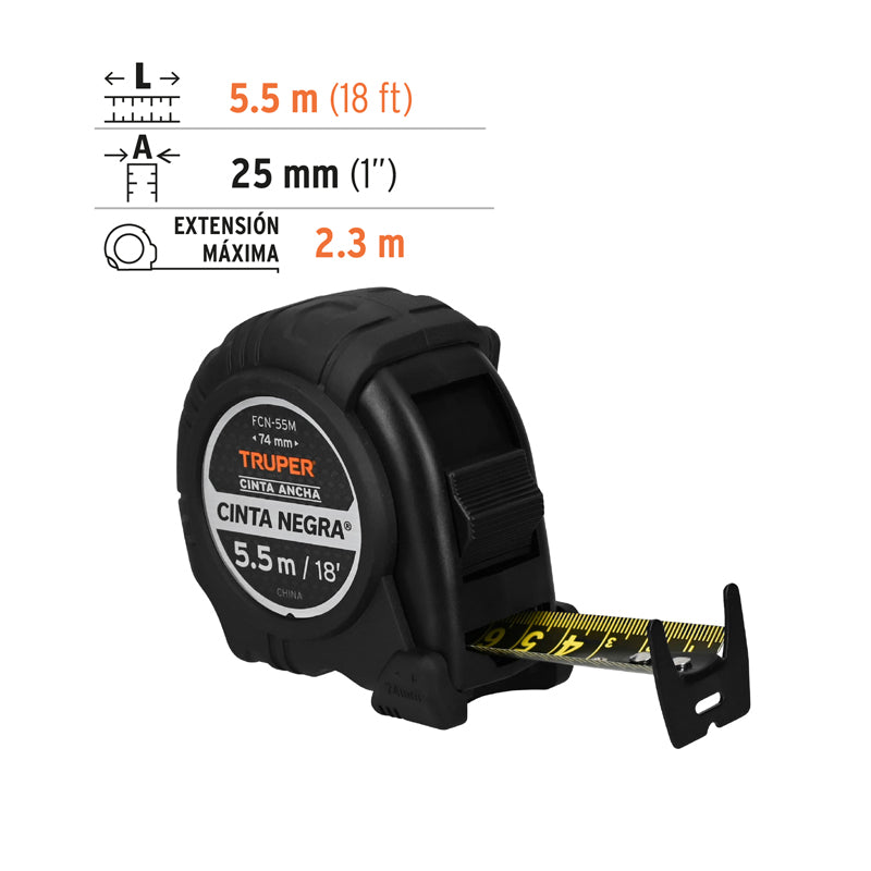 Flexómetro Contra Impactos Cinta Negra X Ancha 27 Mm 5.5 M