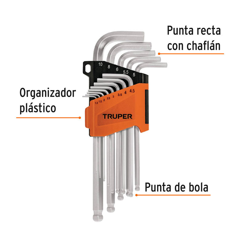 Juego 13 llaves allen largas mm con punta bola, con organizador, 13646 Truper ALLX 13M
