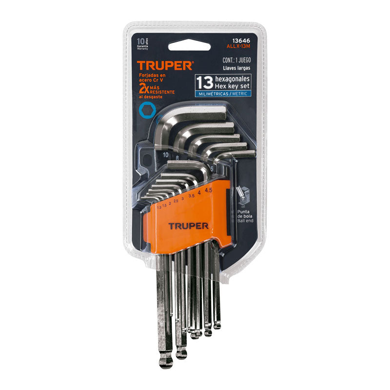 Juego 13 llaves allen largas mm con punta bola, con organizador, 13646 Truper ALLX 13M