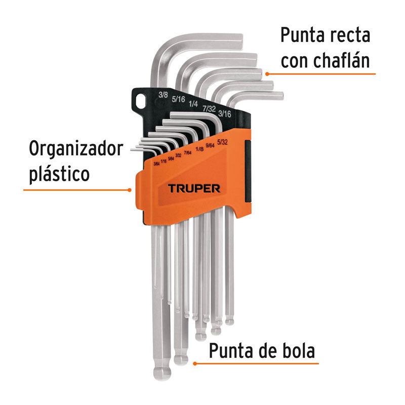 Juego 13 llaves allen largas std punta bola con organizador, 13645 Truper ALLX 13P