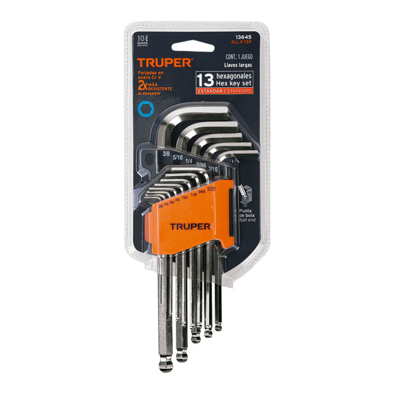 Juego 13 llaves allen largas std punta bola con organizador, 13645 Truper ALLX 13P