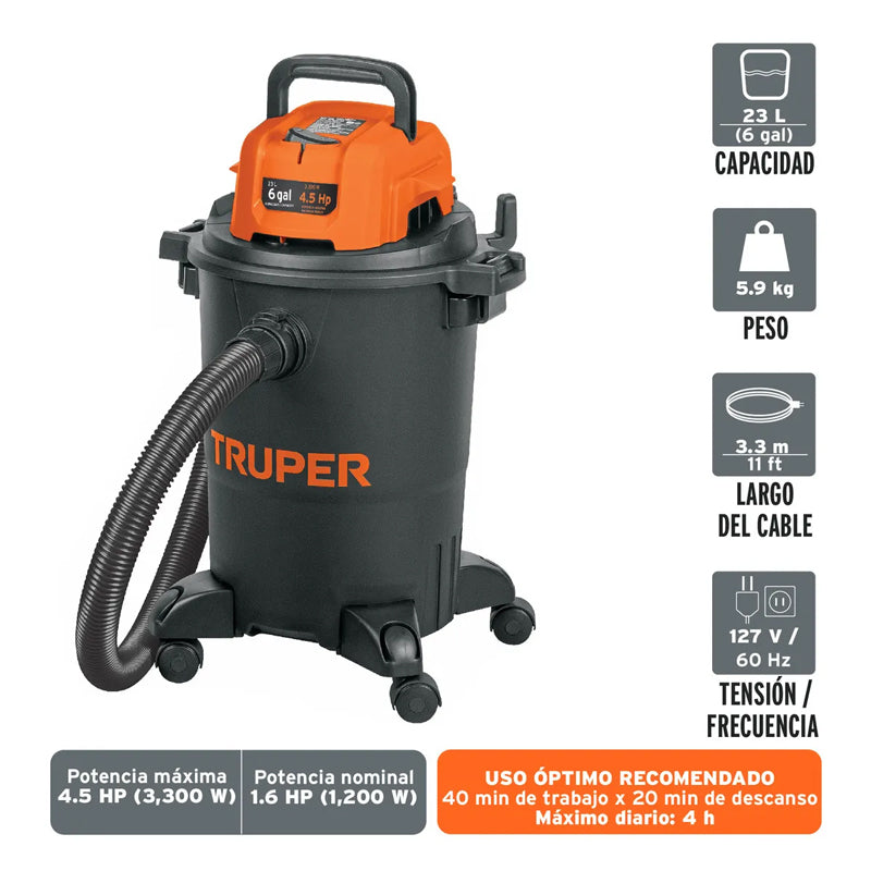 Aspiradora de sólidos y líquidos, 6 gal, plástica, negra, 102964 Truper ASP-06N