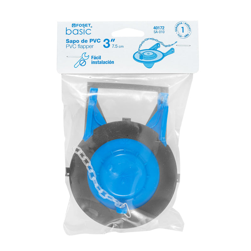 Sapo de 3" para WC, PVC, azul, cadena plástica, 40172 Foset SA-010