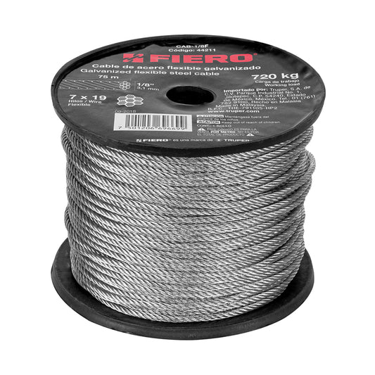 Rollo cable flexible 1/8" de acero 75 metros, 44211, Fiero