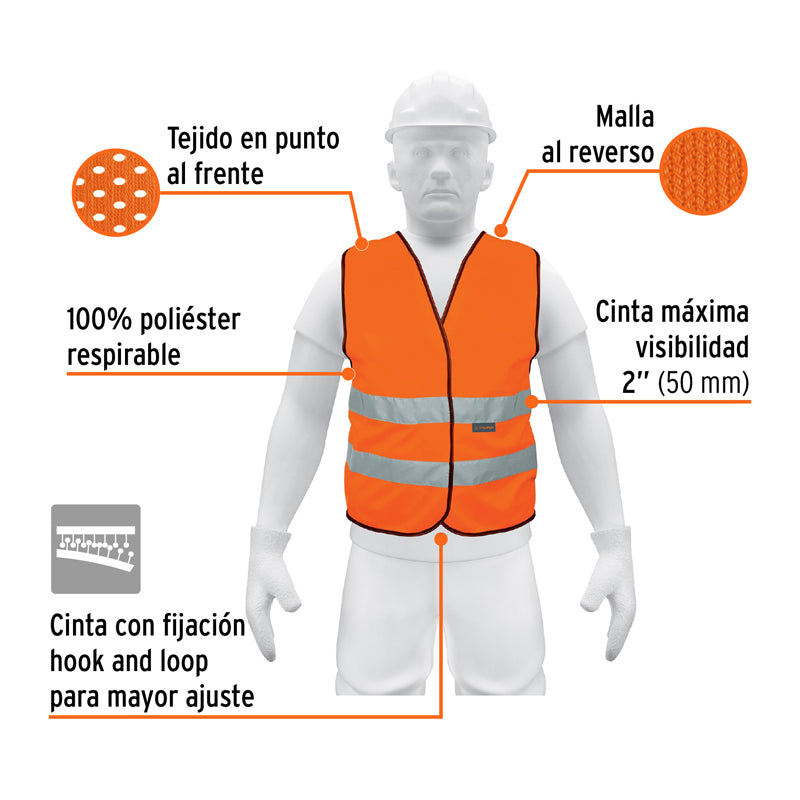 Chaleco de seguridad naranja con cintas de alta visibilidad, 14426 Truper CHS-500N