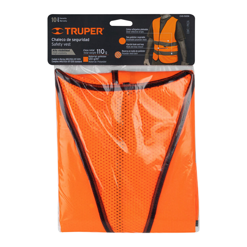 Chaleco de seguridad naranja con cintas de alta visibilidad, 14426 Truper CHS-500N