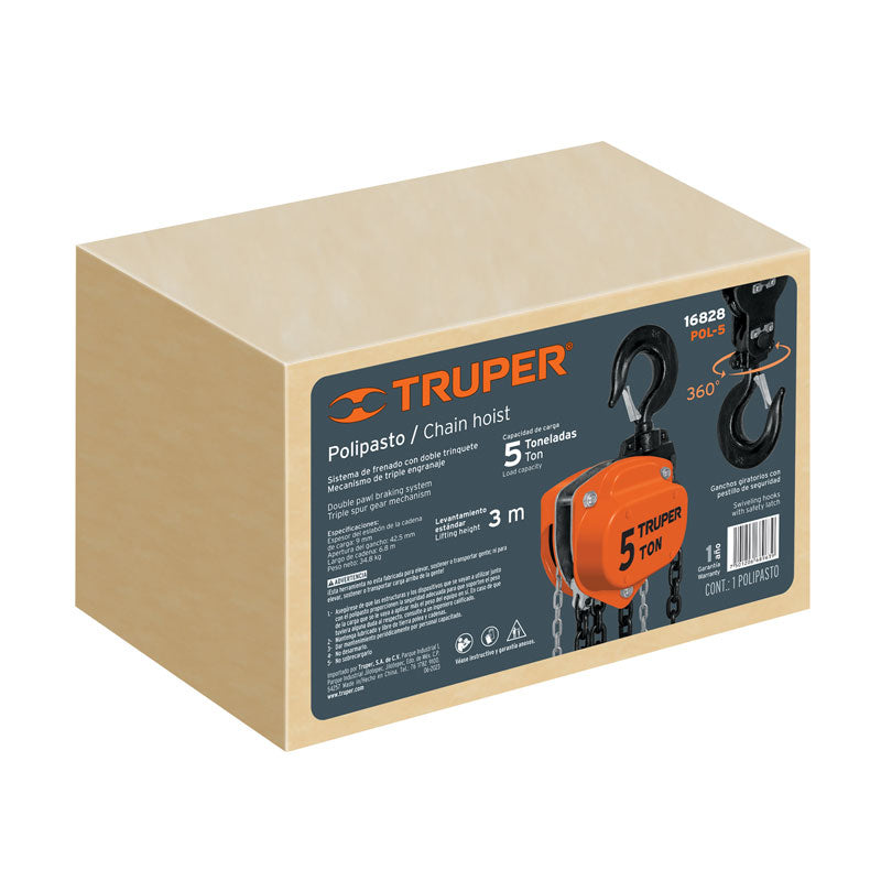 Polipasto industrial de cadena de 5 toneladas, 16828 Truper POL5