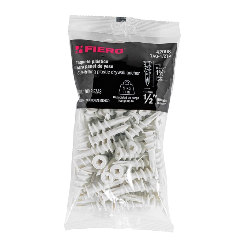 Bolsa Con 100 Taquetes De Plástico De 1/2" Para Panel De Yeso, 42008 Fiero Taq1/2Tp - Tool Ferreterías / Ferretodo - Herramientas y material de construcción.