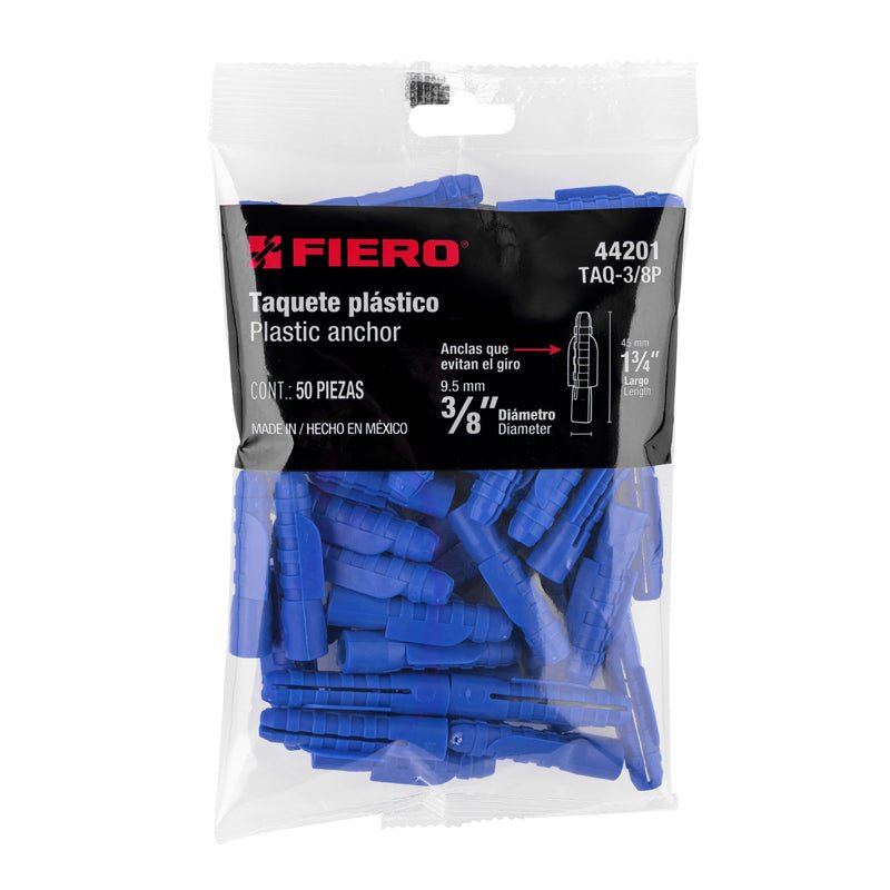 Bolsa con 50 taquetes de plástico 3/8", 44201, Fiero - Tool Ferreterías / Ferretodo - Herramientas y material de construcción.