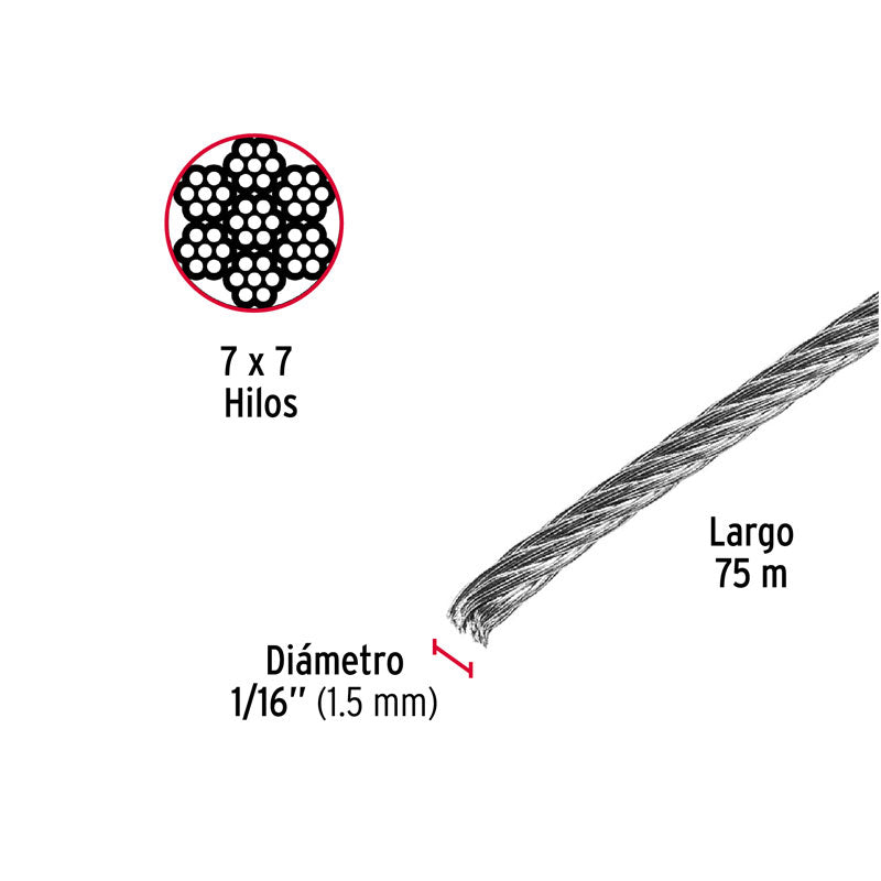 Cable de acero rígido recubierto de PVC de 1/16" x 75 m, 7 x 7 hilos, 44208 Fiero CAB1/16R - Tool Ferreterías / Ferretodo - Herramientas y material de construcción.