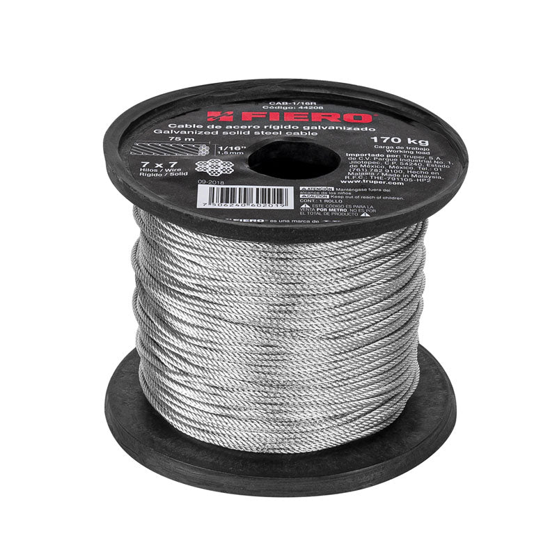 Cable de acero rígido recubierto de PVC de 1/16" x 75 m, 7 x 7 hilos, 44208 Fiero CAB1/16R - Tool Ferreterías / Ferretodo - Herramientas y material de construcción.