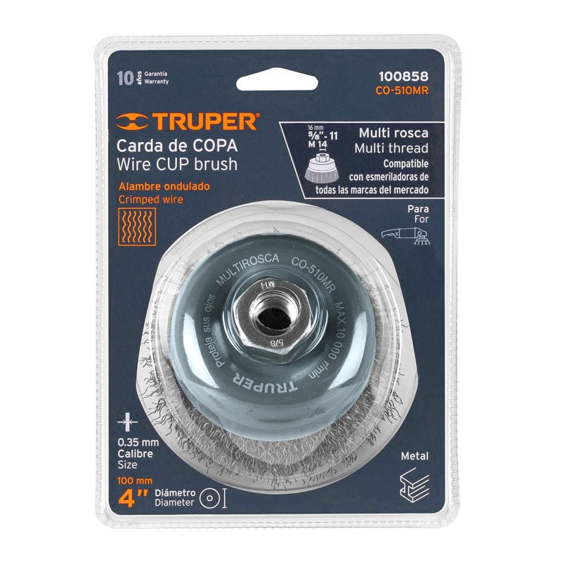Carda copa de 4" de alambre ondulado fino, con multi rosca, 100858 Truper CO510MR - Tool Ferreterías / Ferretodo - Herramientas y material de construcción.