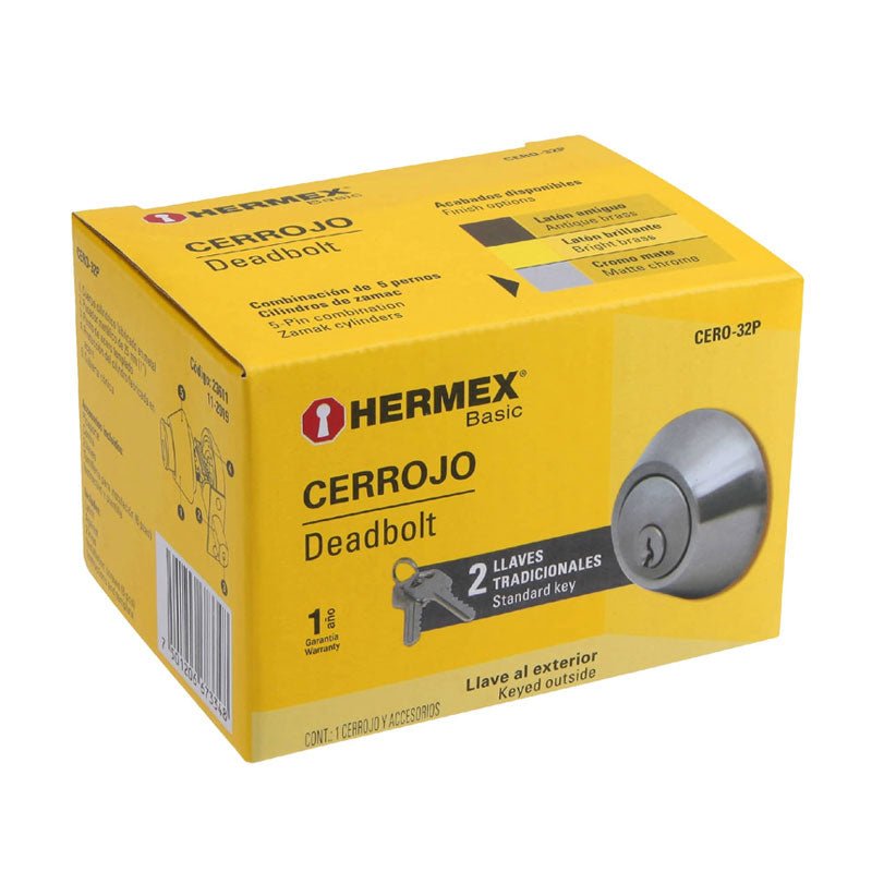 Cerrojo llave llave cromo mate, llave tradicional, 23611 Hermex CERO 32P - Tool Ferreterías / Ferretodo - Herramientas y material de construcción.