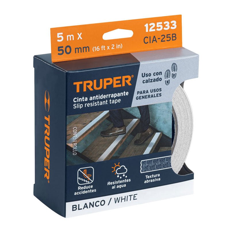 Cinta antiderrapante blanca de 50 mm x 5 m con abrasivo, 12533 Truper CIA25B - Tool Ferreterías / Ferretodo - Herramientas y material de construcción.