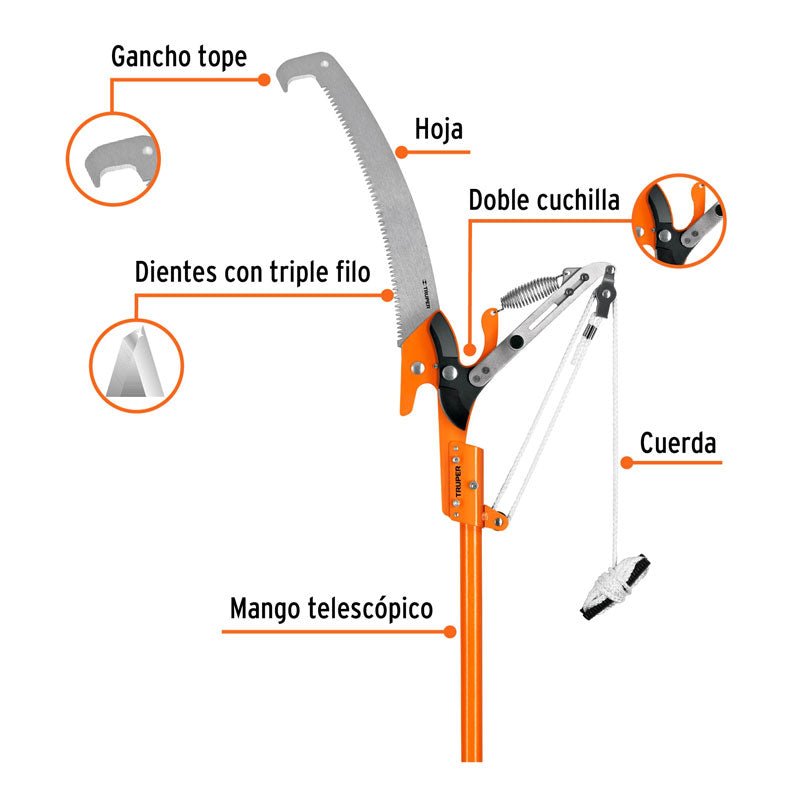 Cortador de ramas altas con mango telescópico de 3.6 m de fibra vidrio, 18410 Truper TR 82M F - Tool Ferreterías / Ferretodo - Herramientas y material de construcción.