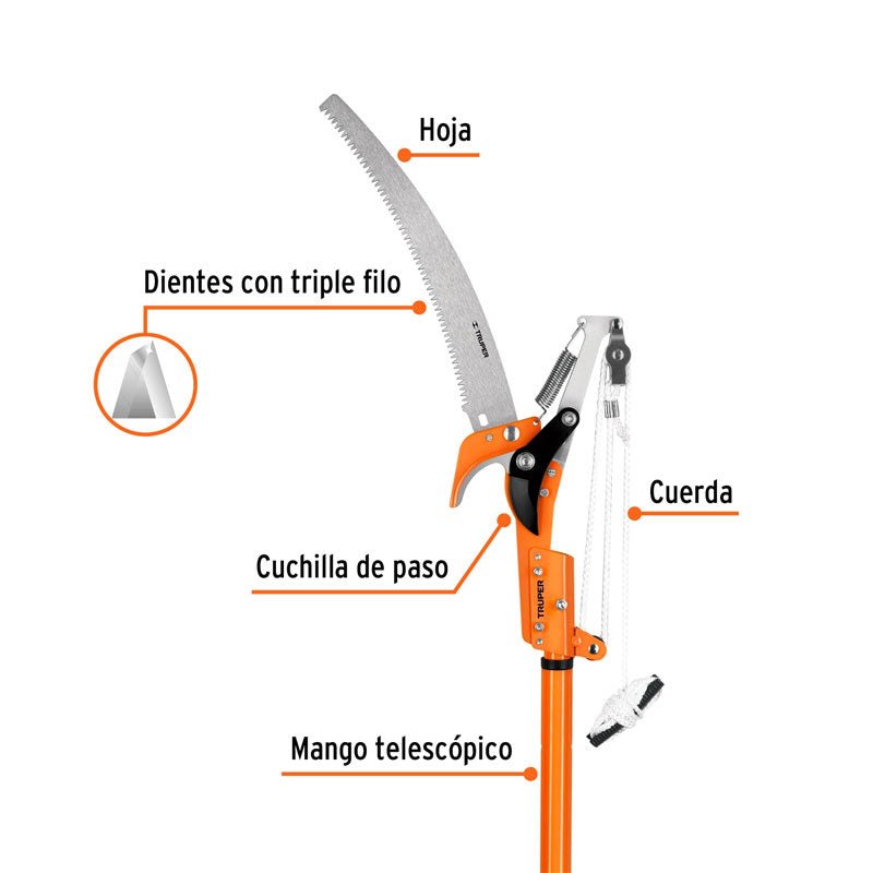 Cortador de ramas altas mango telescópico de 2.4 m aluminio, 18409 Truper TR 82M A - Tool Ferreterías / Ferretodo - Herramientas y material de construcción.