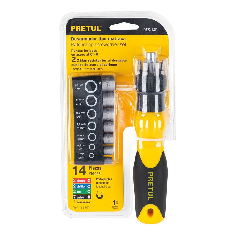 Desarmador tipo matraca con 6 puntas y 7 dados, 22974 Pretul DES - 14P - Tool Ferreterías / Ferretodo - Herramientas y material de construcción.