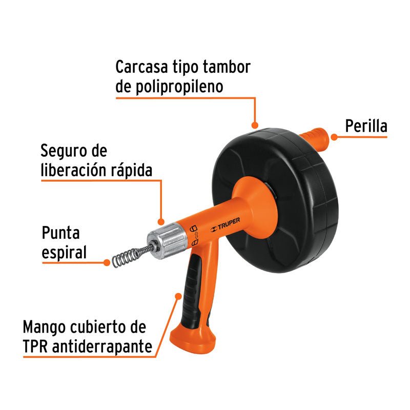 Destapacaños de 7.6 m para taladro, con mango, 12280 Truper DECA 25X - Tool Ferreterías / Ferretodo - Herramientas y material de construcción.