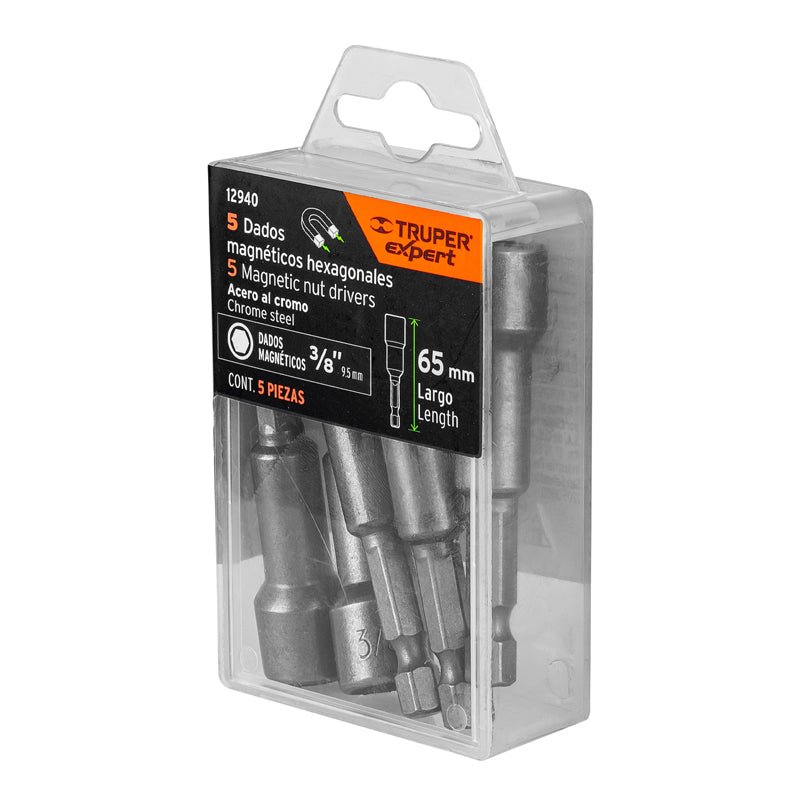 Estuche con 5 dados magnéticos de 3/8" largo 2 1/2", 12940 Truper Expert PUDE 9027 - Tool Ferreterías / Ferretodo - Herramientas y material de construcción.