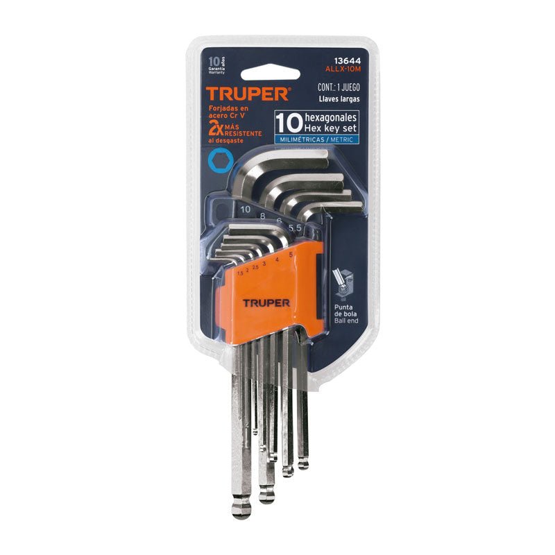 Juego 10 llaves allen largas mm punta bola con organizador, 13644 Truper ALLX 10M - Tool Ferreterías / Ferretodo - Herramientas y material de construcción.