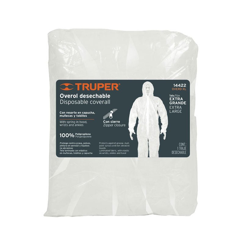 Overol desechable, talla extra grande, 14422 Truper OVERD XL - Tool Ferreterías / Ferretodo - Herramientas y material de construcción.