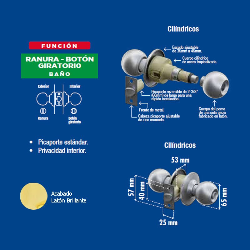 Perilla Phillips Gamma Baño Latón Brillante Mx81112 - Tool Ferreterías / Ferretodo - Herramientas y material de construcción.