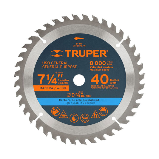 Disco Sierra 7 1/4" Para Madera, 40 Dientes Centro 5/8", Truper