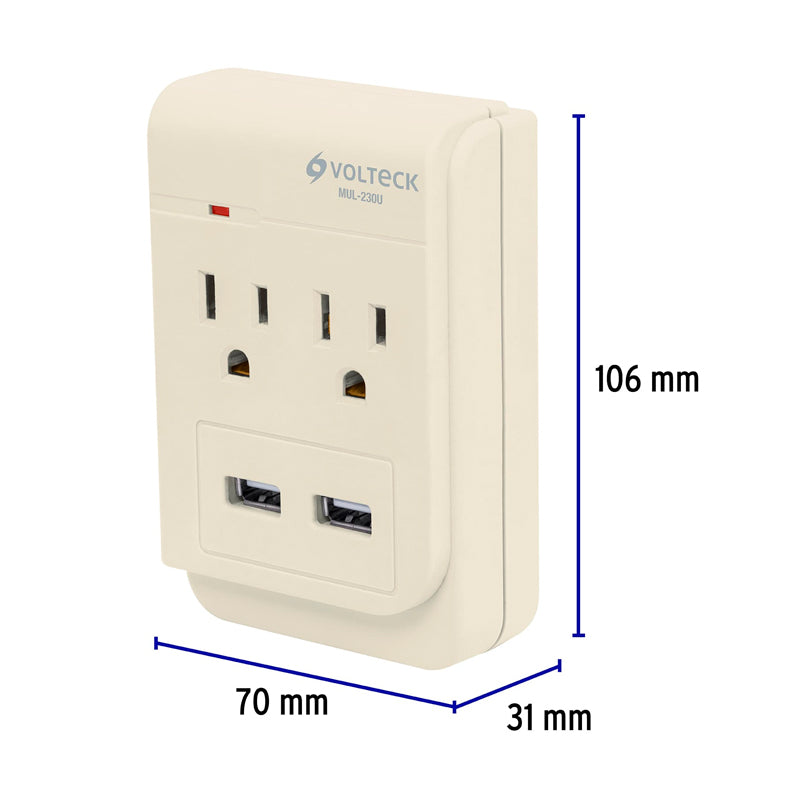 Multicontacto, 2 Entradas,Con 2 Entradas Usb, Aterrizado, Volteck