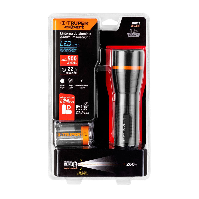 Linterna De Aluminio Led Cree 500 Lm Con 2 Pilas D, Truper Expert
