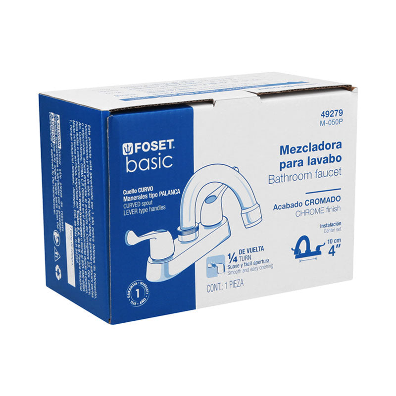 Mezcladora 4" Para Lavabo, Cuello Curvo, Manerales Palanca, Foset