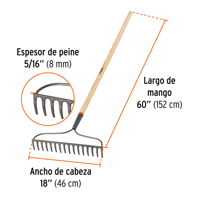 Rastrillo Jardinero Classic, 16 Dientes, Mango 54", Truper