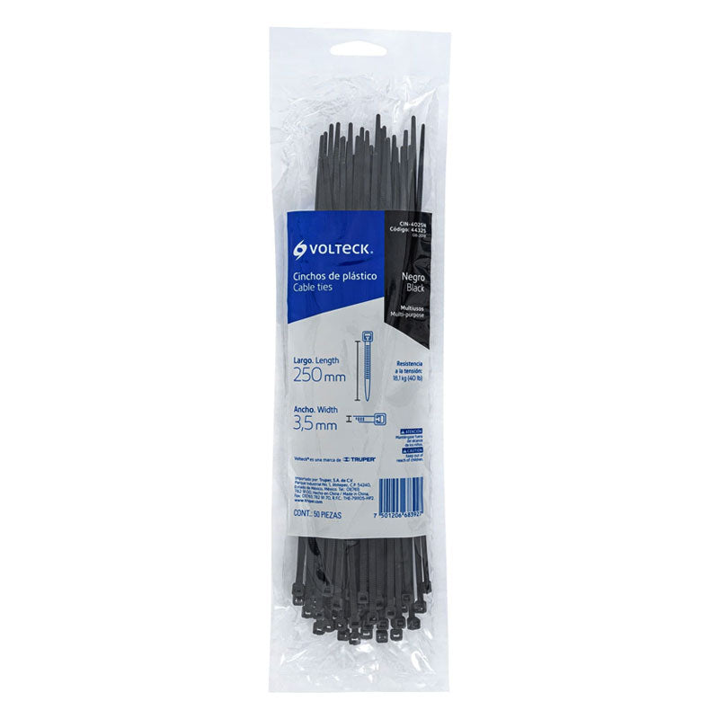 Bolsa Con 50 Cinchos Plásticos 40 Lb, 250X3.5 Mm, Negros