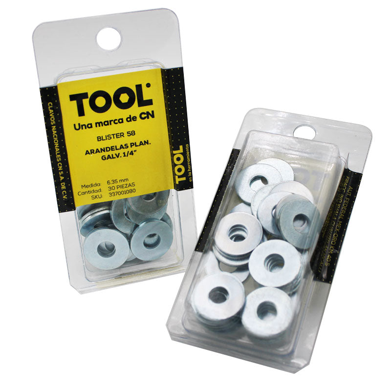 Blíster 58 Arandelas Plan.Galvanizada 1/4" Con 30 Piezas
