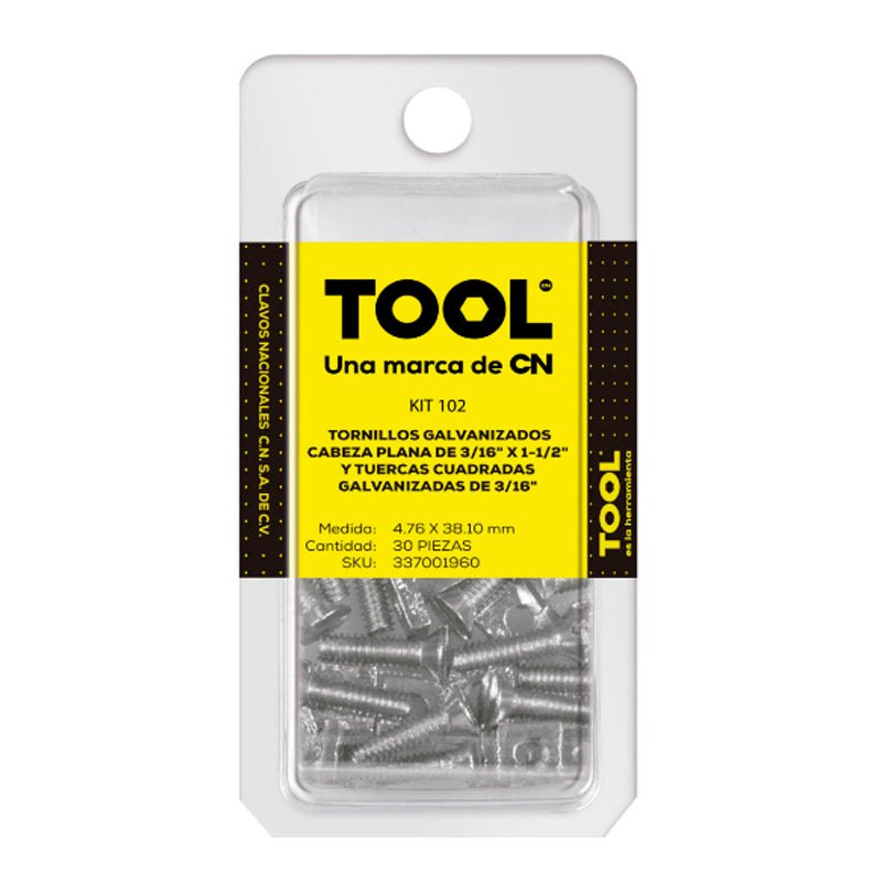 Kit 102 Mix De Tornillería Cabeza Plana Y Tuerca Cuadrada Galvanizada 3/16X1"