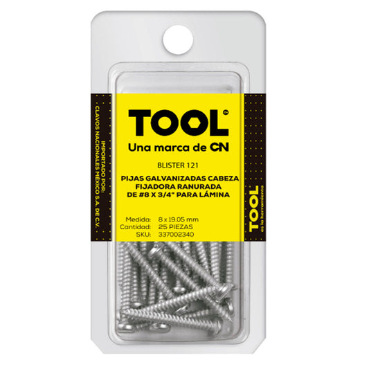 Blíster 121 Pija Para Lámina Cabeza Fijadora Ranurada Galvanizada 8X3/4" Con 25 Piezas