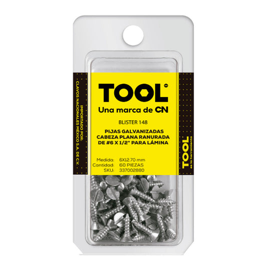 Blíster 148 Pija Para Lámina Cabeza Plana Ranurada Galvanizada #6X1/2" Con 60 Piezas